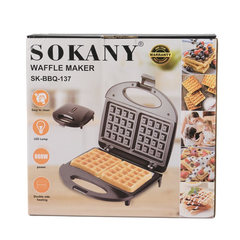 Вафельниця для бельгійських вафель Sokany електровафельниця 800 Вт з антипригарним покриттям на 2 вафлі