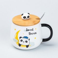 Чашка 450 мл з бамбуковою кришкою та ложкою  керамічна Панда "Sweet Dream"
