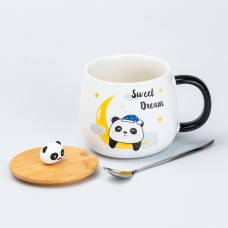Чашка 450 мл з бамбуковою кришкою та ложкою  керамічна Панда "Sweet Dream"