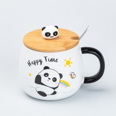 Чашка 450 мл з бамбуковою кришкою та ложкою керамічна Панда "Happy Time"
