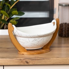 Ваза для фруктів біла керамічна 31.5×18.5×17.5 см фруктівниця на дерев'яній підставці
