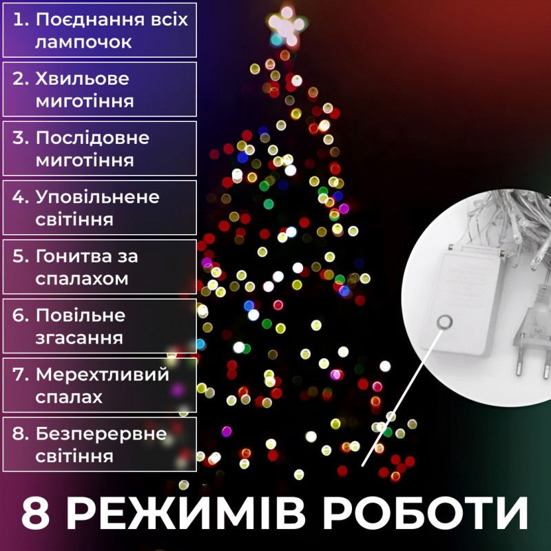Гірлянда нитка світлодіодна GarlandoPro 100 LED 6м 8 режимов гірлянда новорічна