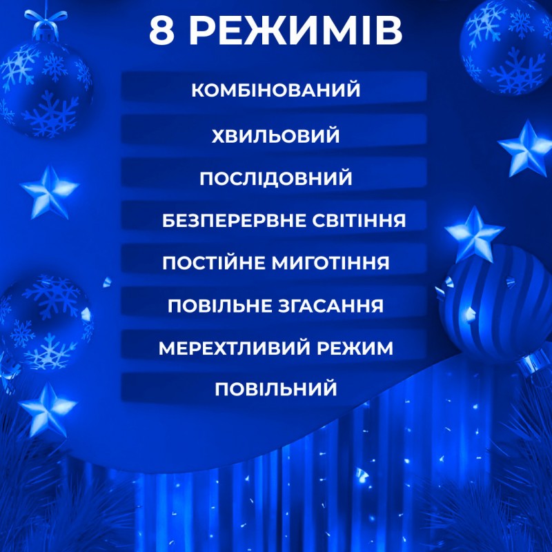 Гірлянда світлодіодна GarlandoPro 600 LED 3х3 м 16 ліній 8 режимів гірлянда водоспад Синій