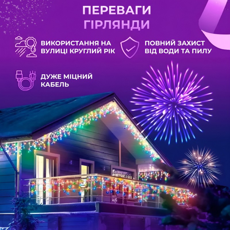 Гірлянда вулична світлодіодна 200 LED 12 метрів білий дріт бахрома 55 ниток Мультиколор