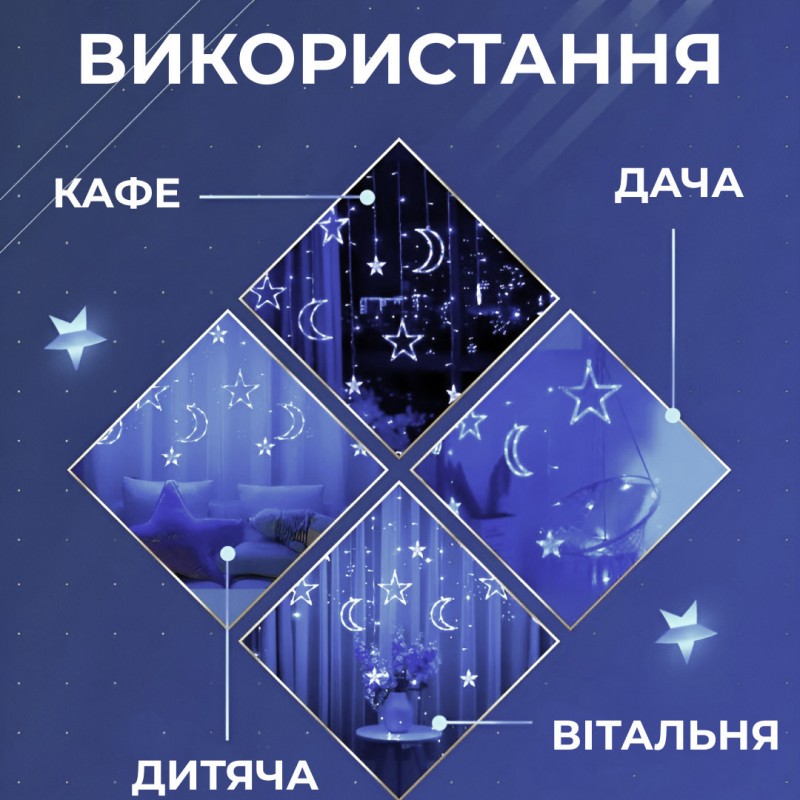 Гірлянда світлодіодна штора GarlandoPro зірка і місяць 108LED 3х0,9 м гірлянда зірка Білий