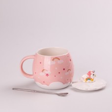 Чашка керамічна Rainbow Ceramic Mug 400ml Pink з кришкою і ложкою кухоль для чаю з кришкою
