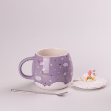 Чашка керамічна Rainbow Ceramic Mug 400ml Pink з кришкою і ложкою кухоль для чаю з кришкою Бузковий