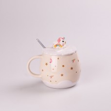Чашка керамічна Rainbow Ceramic Mug 400ml Pink з кришкою і ложкою кухоль для чаю з кришкою Бежевий