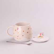 Чашка керамічна Rainbow Ceramic Mug 400ml Pink з кришкою і ложкою кухоль для чаю з кришкою Бежевий