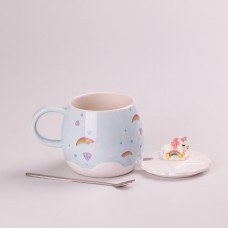 Чашка керамічна Rainbow Ceramic Mug 400ml Pink з кришкою і ложкою кухоль для чаю з кришкою Блакитний