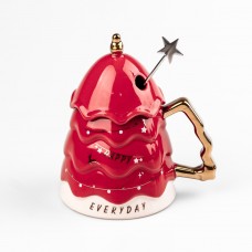 Кухоль керамічний Christmas Tree 460мл з кришкою та паличкою для розмішування чашка з кришкою Червоний