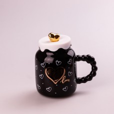 Кухоль керамічний Creative Show Ceramic Cup 400мл з кришкою чашка з кришкою Чорна з білими сердечками