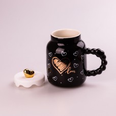Кухоль керамічний Creative Show Ceramic Cup 400мл з кришкою чашка з кришкою Чорна з білими сердечками