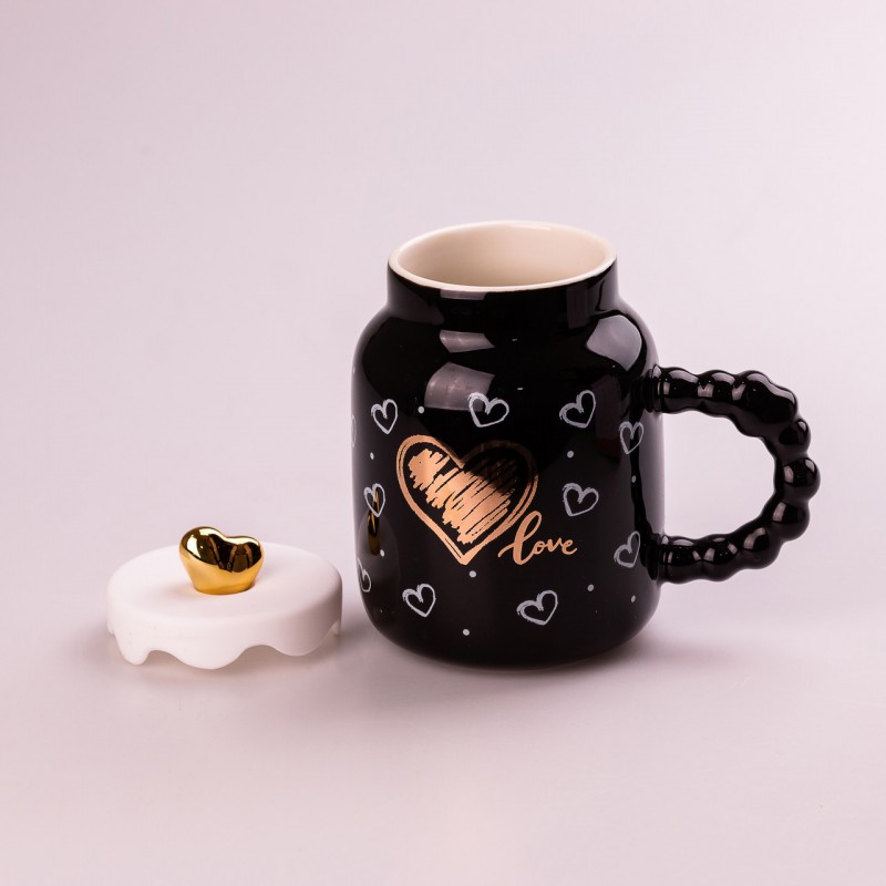 Кухоль керамічний Creative Show Ceramic Cup 400мл з кришкою чашка з кришкою Чорна з білими сердечками