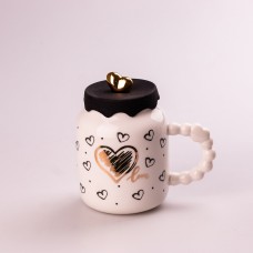 Кухоль керамічний Creative Show Ceramic Cup 400мл з кришкою чашка з кришкою Біла з чорними сердечками