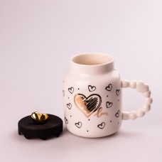 Кухоль керамічний Creative Show Ceramic Cup 400мл з кришкою чашка з кришкою Біла з чорними сердечками