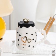 Кухоль керамічний Creative Show Ceramic Cup 400мл з кришкою чашка з кришкою Біла в чорний горошок