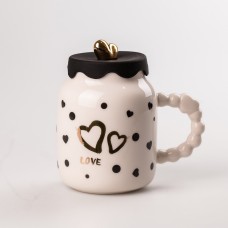 Кухоль керамічний Creative Show Ceramic Cup 400мл з кришкою чашка з кришкою Біла в чорний горошок