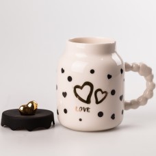 Кухоль керамічний Creative Show Ceramic Cup 400мл з кришкою чашка з кришкою Біла в чорний горошок