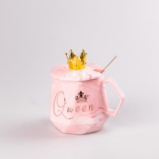 Набір чашок керамічних 400 мл Queen&King з кришкою та ложкою 2 штуки
