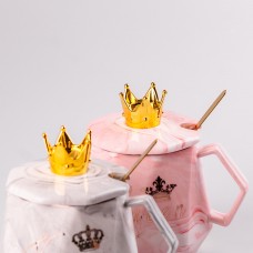 Набір чашок керамічних 400 мл Queen&King з кришкою та ложкою 2 штуки