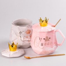 Набір чашок керамічних 400 мл Queen&King з кришкою та ложкою 2 штуки