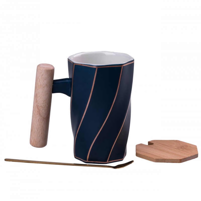 Кухоль керамічний Bamboo 350мл з бамбуковою кришкою та ложкою Синий