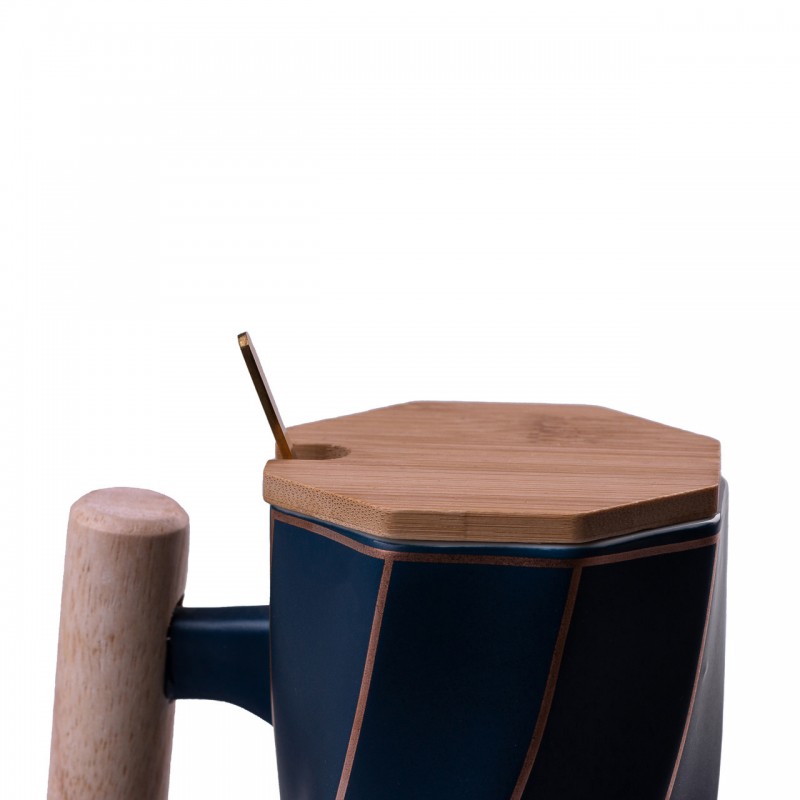 Кухоль керамічний Bamboo 350мл з бамбуковою кришкою та ложкою Синий