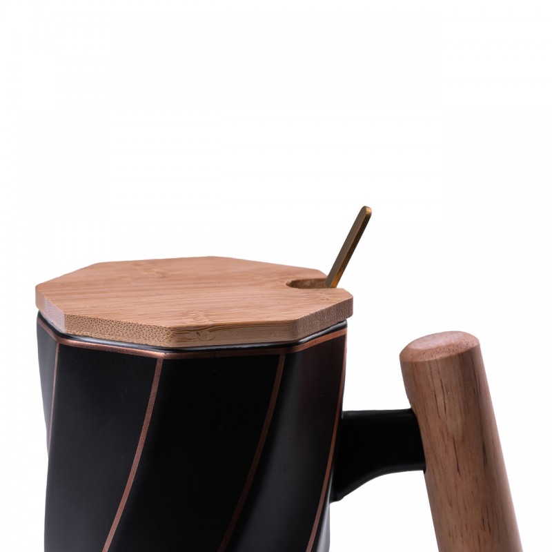 Кухоль керамічний Bamboo 350мл з бамбуковою кришкою та ложкою Чорний